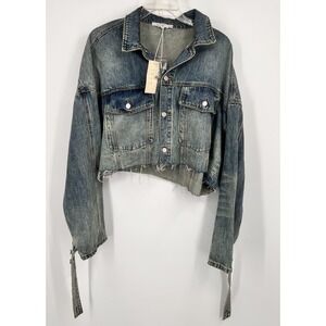 New MNML 100% Cotton Oversized Frayed Crop Distressed Jacket Denim Belt Strap S